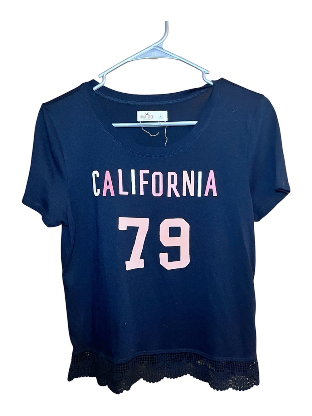 Hollister Navy Tee with Pink and Light Pink California Graphic